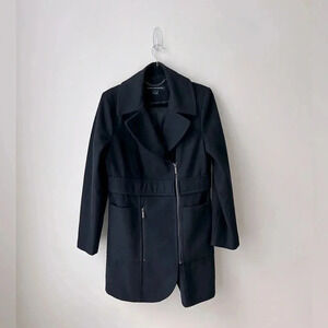 French connection navy blue long wool blend  moto jacket coat
